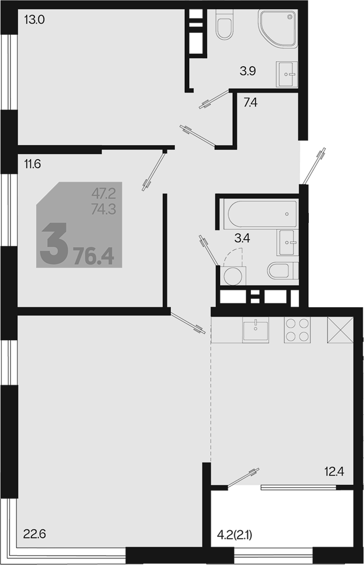 3-комн., 74.3 м², 4/18 этаж, ЖК «Первое место»