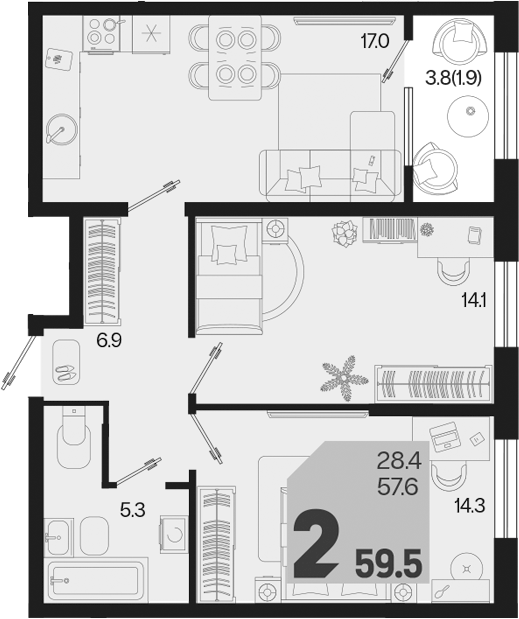 2-комн., 57.6 м², 2/18 этаж, ЖК «Первое место»