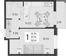 1-комн., 31.74 м², 15/18 этаж, ЖК «Дом 101»