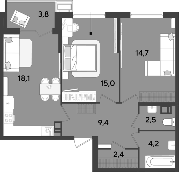 3-комн., 66.3 м², 5/9 этаж, ЖК «Парк Победы»