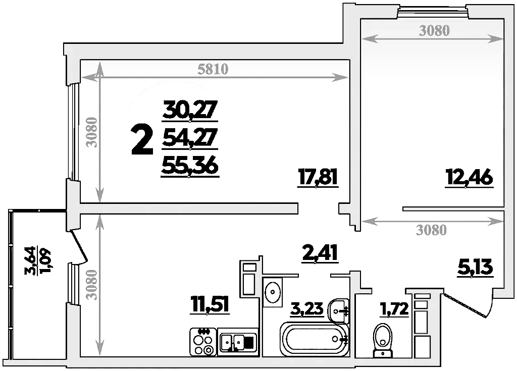 2-комн., 54.27 м², 9/9 этаж, ЖК «Романовский»