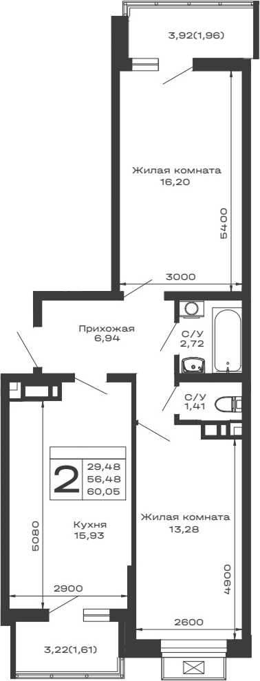 2-комн., 56.48 м², 9/16 этаж, ЖК «Долина»