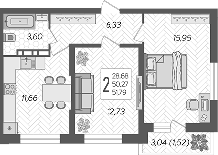 2-комн., 50.27 м², 7/16 этаж, ЖК «Смородина»