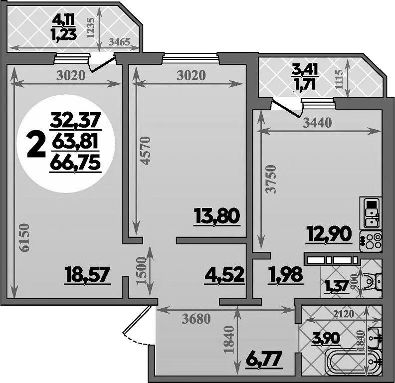 2-комн., 63.81 м², 4/8 этаж, ЖК «Молодежный 2»