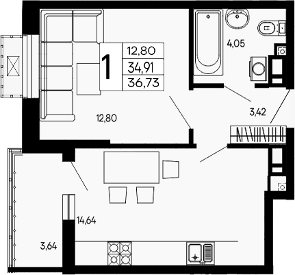 1-комн., 34.91 м², 15/16 этаж, ЖК «Эпос»