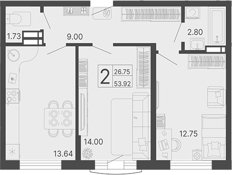 2-комн., 53.92 м², 2/11 этаж, ЖК «Светский лес»