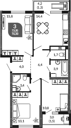 3-комн., 73.5 м², 19/23 этаж, ЖК «Облака»