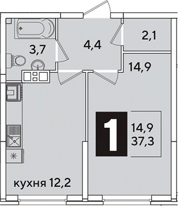 1-комн., 37.3 м², 5/16 этаж, ЖК «Самолет»