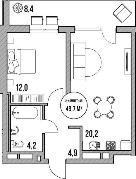 2-комн., 41.3 м², 2/5 этаж, ЖК «МореТут»