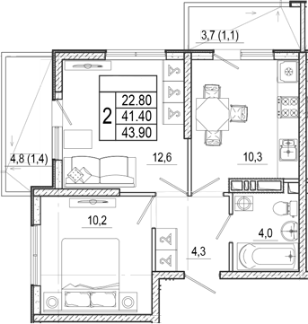 2-комн., 41.4 м², 5/17 этаж, ЖК «Лестория»