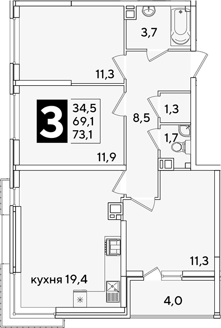 4+ комнаты, 69.1 м², 3/16 этаж, ЖК «Самолет»