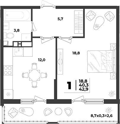 1-комн., 40.3 м², 2/9 этаж, ЖК «Лето»