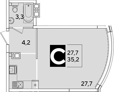 Студия, 35.2 м², 9/16 этаж, ЖК «Самолет»