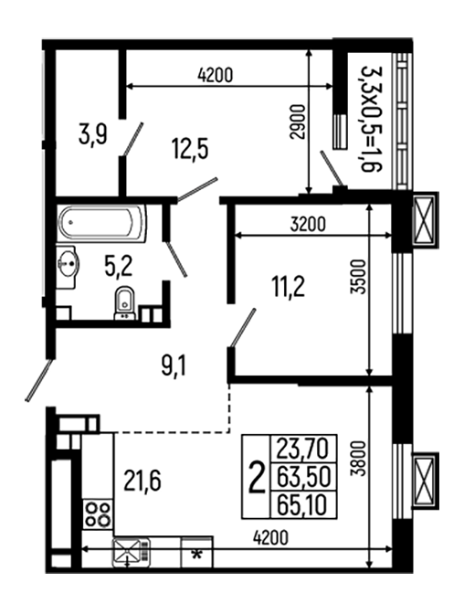 2-комн., 63.5 м², 6/11 этаж, ЖК «Звезды»