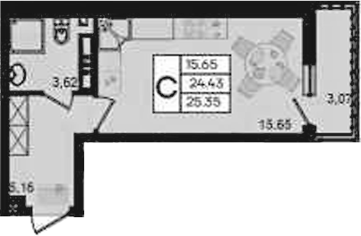 Студия, 24.43 м², 8/9 этаж, ЖК «Дом 101»