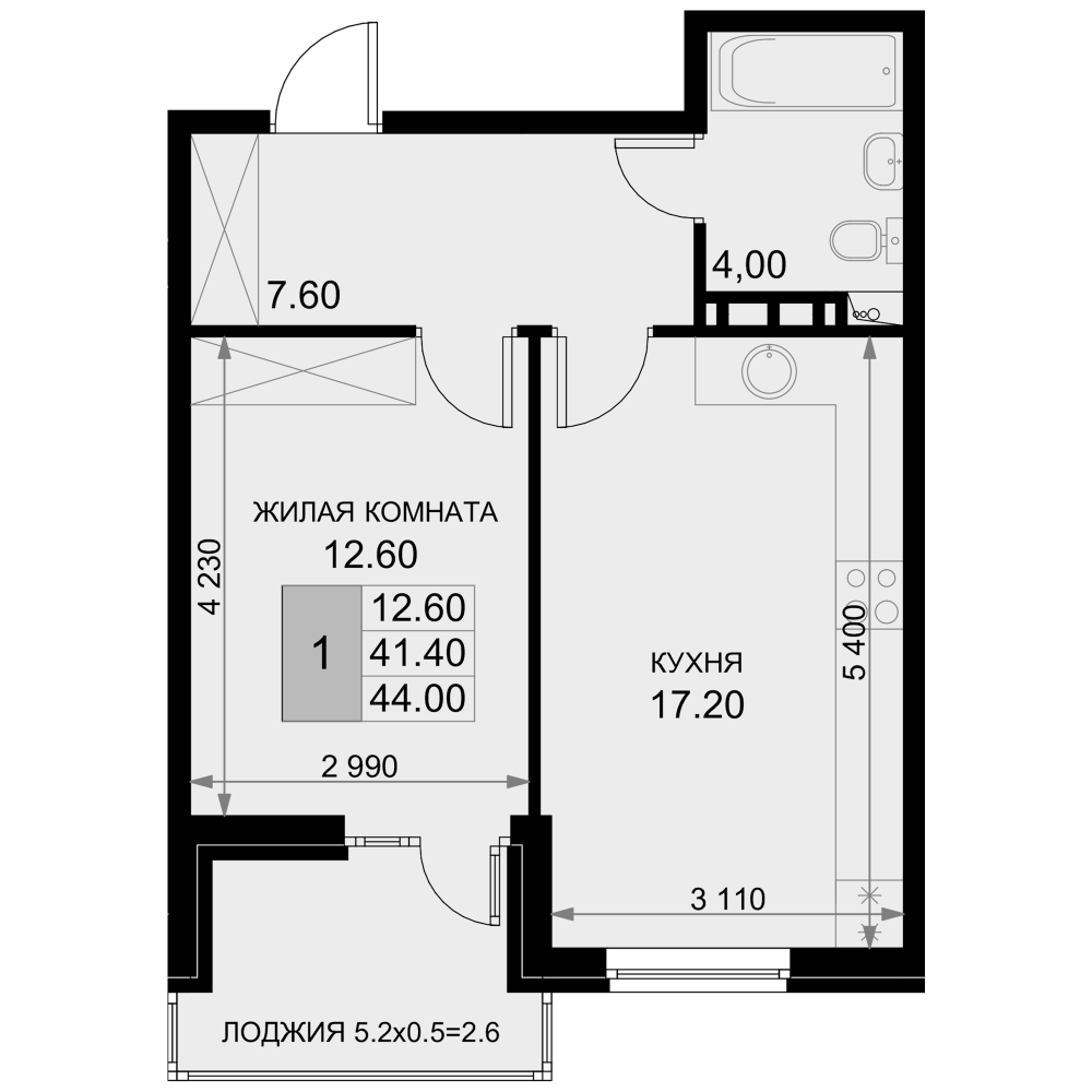 2-комн., 41.4 м², 7/7 этаж, ЖК «История»