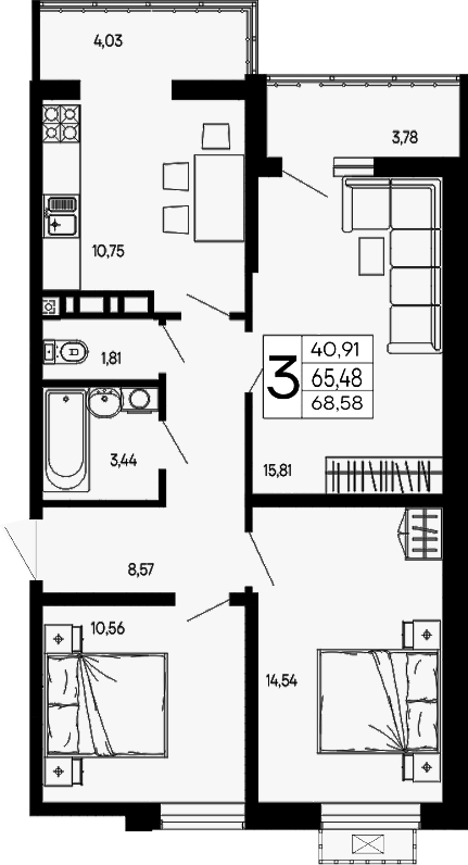 Продается 3-комн. квартира, 65.48 м²