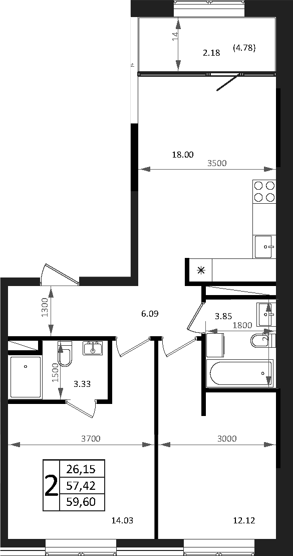 3-комн., 57.96 м², 5/7 этаж, ЖК «Патрики»