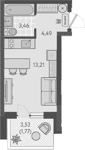 Студия, 21.16 м², 1/18 этаж, ЖК «Теплые края»