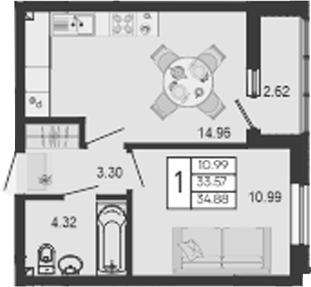 Продается 1-комн. квартира, 33.57 м²