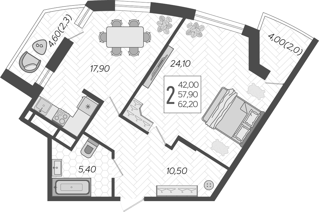 2-комн., 57.9 м², 14/16 этаж, ЖК «Зеленодар»