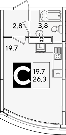 Студия, 26.3 м², 10/16 этаж, ЖК «Самолет»