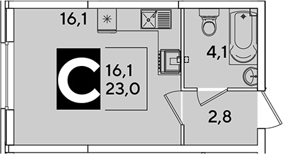 Студия, 23 м², 2/16 этаж, ЖК «Самолет»