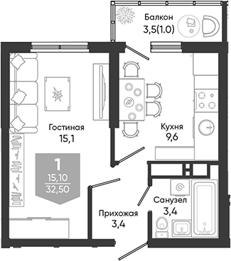 1-комн., 31.5 м², 2/24 этаж, ЖК «Облака»