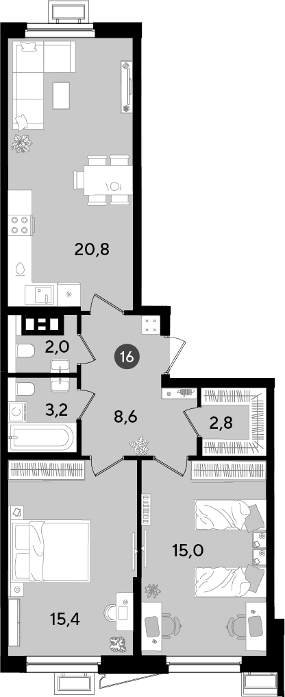 3-комн., 67.8 м², 4/18 этаж, ЖК «Парк Победы»