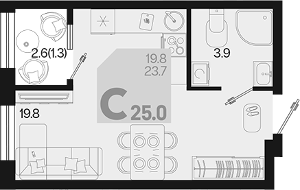 Студия, 23.7 м², 2/18 этаж, ЖК «Первое место»