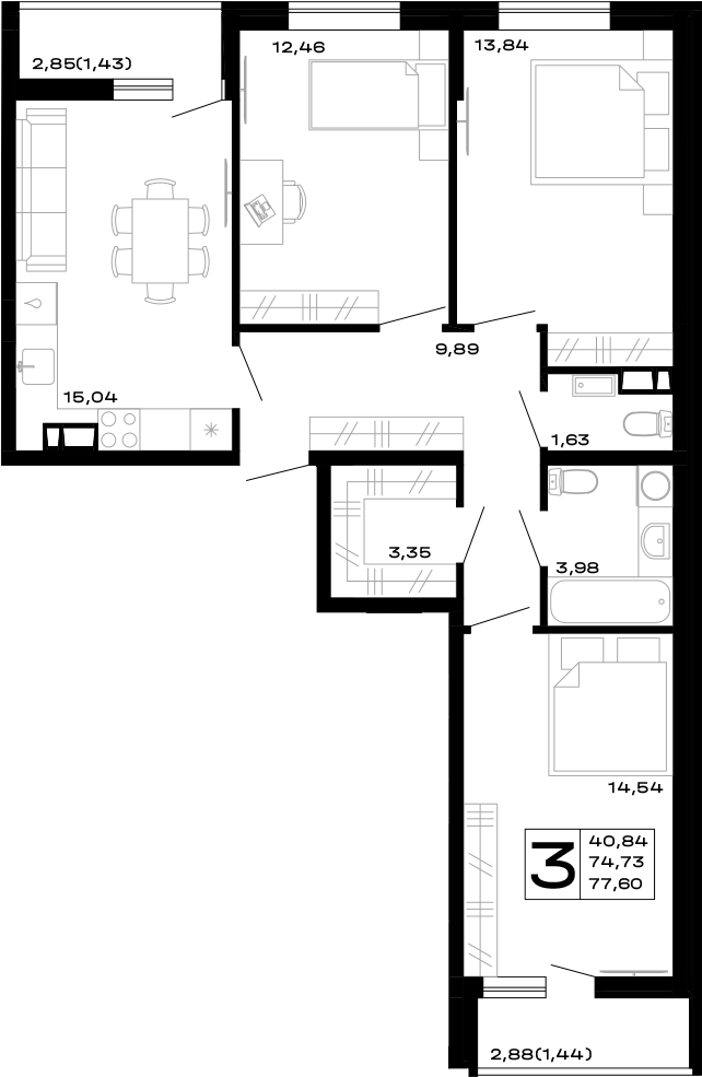 3-комн., 74.73 м², 12/14 этаж, ЖК «Горные высоты»