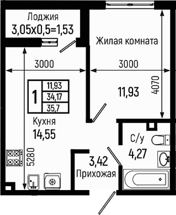 2-комн., 34.17 м², 1/9 этаж, ЖК «Ботаника Хиллс»