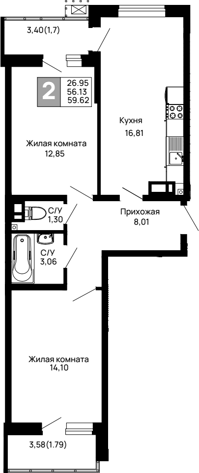 2-комн., 56.13 м², 8/13 этаж, ЖК «Долина»