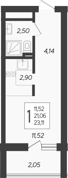 Студия, 21.06 м², 15/19 этаж, ЖК «Кислород»