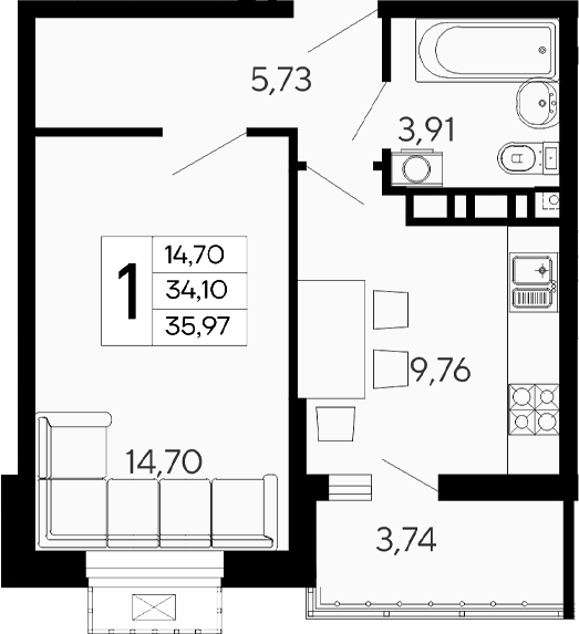 1-комн., 34.1 м², 4/16 этаж, ЖК «Эпос»