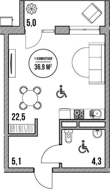 Студия, 31.9 м², 1/5 этаж, ЖК «МореТут»