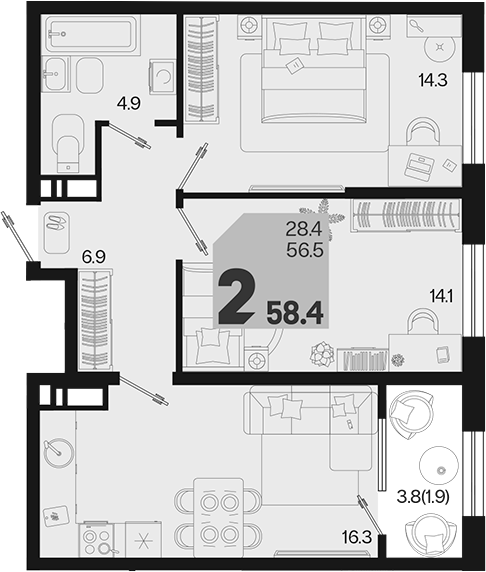 2-комн., 56.5 м², 15/18 этаж, ЖК «Первое место»