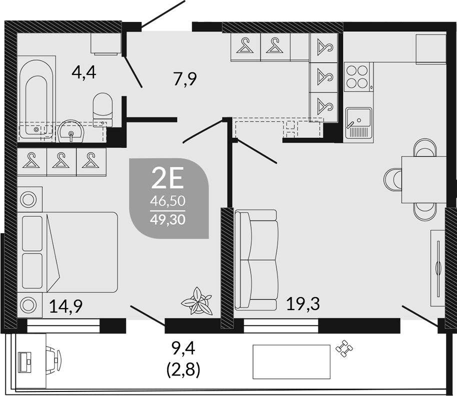 2-комн., 46.5 м², 1/23 этаж, ЖК «Облака»