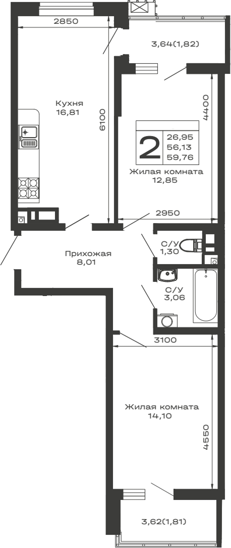 Продается 2-комн. квартира, 56.13 м²
