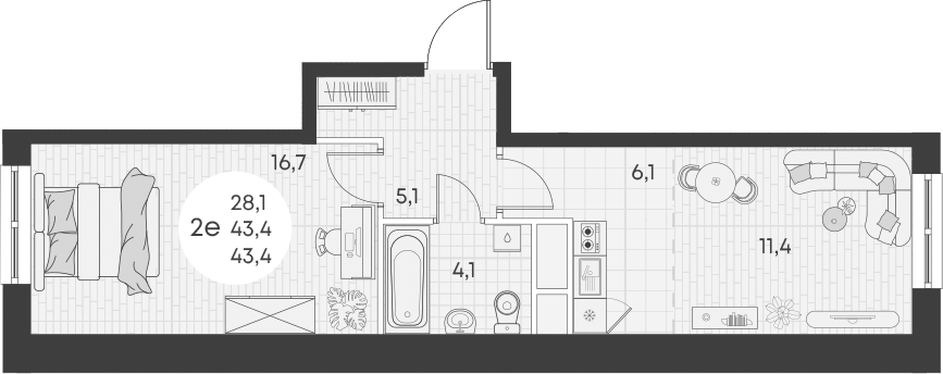 2-комн., 43.4 м², 5/15 этаж, ЖК «Грин Эппл»