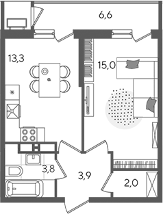 1-комн., 38 м², 23/24 этаж, ЖК «Рекорд»
