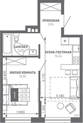 1-комн., 44 м², 9/9 этаж, ЖК «Иначе в Молодежном»