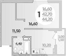 1-комн., 42.5 м², 19/22 этаж, ЖК «Парк у дома»