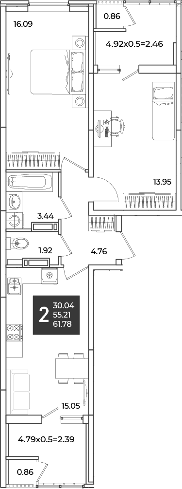 2-комн., 55.21 м², 11/18 этаж, ЖК «Образцово»