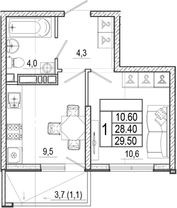 1-комн., 28.4 м², 4/15 этаж, ЖК «Лестория»