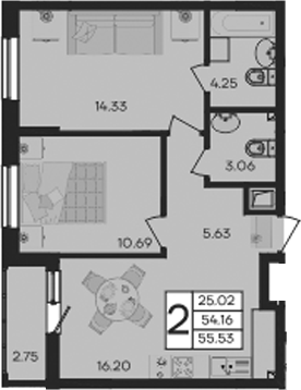 2-комн., 54.16 м², 2/9 этаж, ЖК «Дом 101»
