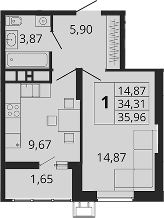 1-комн., 35.24 м², 9/18 этаж, ЖК «Родные Просторы»