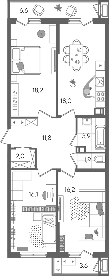 4+ комнаты, 88.1 м², 3/24 этаж, ЖК «Рекорд»