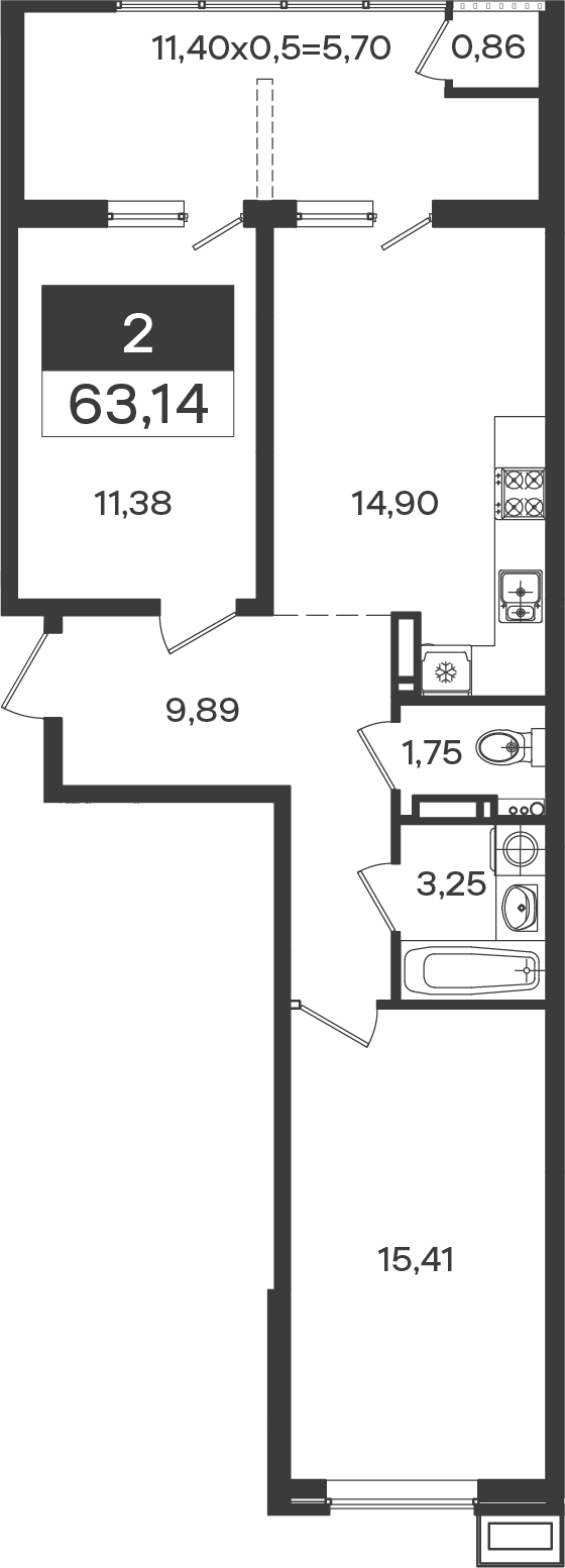 2-комн., 57.44 м², 9/18 этаж, ЖК «Образцово»