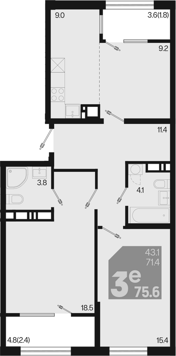 3-комн., 71.4 м², 9/9 этаж, ЖК «Первое место»